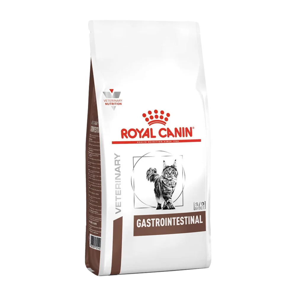 Bolsa blanca y marrón de alimento Royal Canin Gato Gastrointestinal para gatos con problemas gastrointestinales