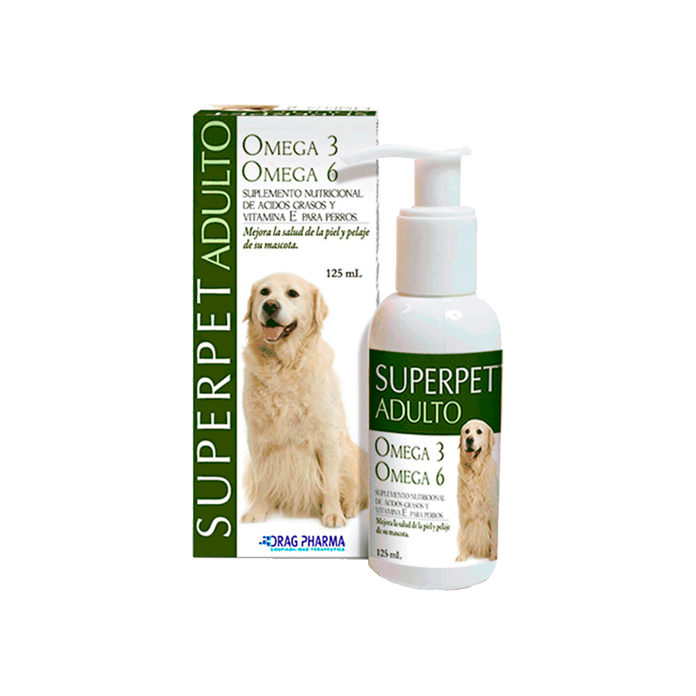 Caja de color blanco con detalles verdes de Superpet Omega Perro Adulto suplemento para perros