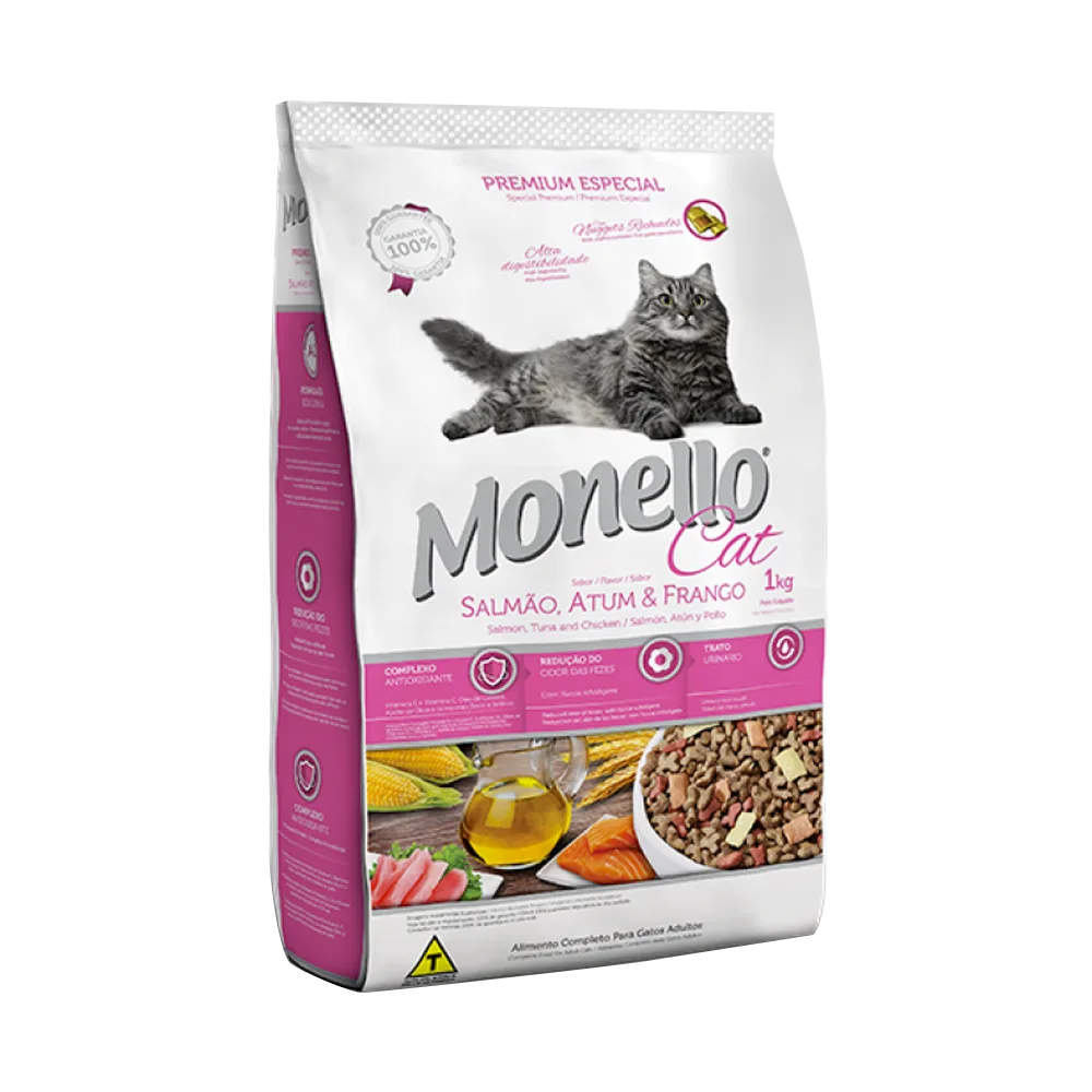 Bolsa de alimento para gatos Monello Gato Salmon Atun y Pollo en su presentación de 15 kilos. Es de color blanco con detalles rosado/violetas y tienen la imagen de un gato arriba del logo de la marca.