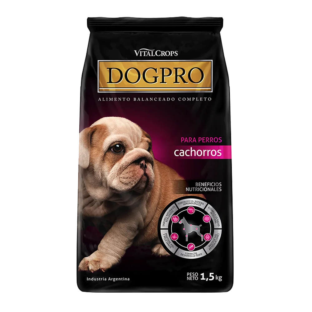 Bolsa negra de 1,5 kg con detalles magenta y un cachorrito en el frente de DogPro Cachorros alimento para perros hasta los 12 meses de edad