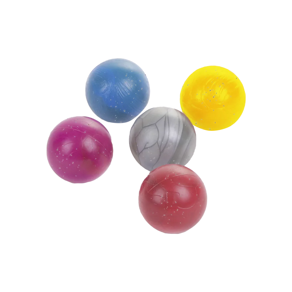 Foto de varios colores de la Pelota Maciza Mediana con Brillantina: azul, amarillo, plateado, rosa oscuro y rojo