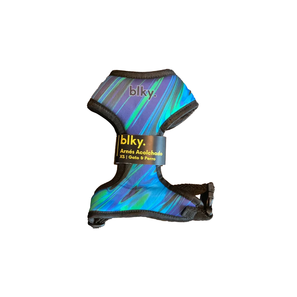 Pechera Arnés Blky Talla XS para perros pequeños con estampado "Ramé". El estampado es vistoso y mezcla colores desde azul, violeta hasta aquamarina