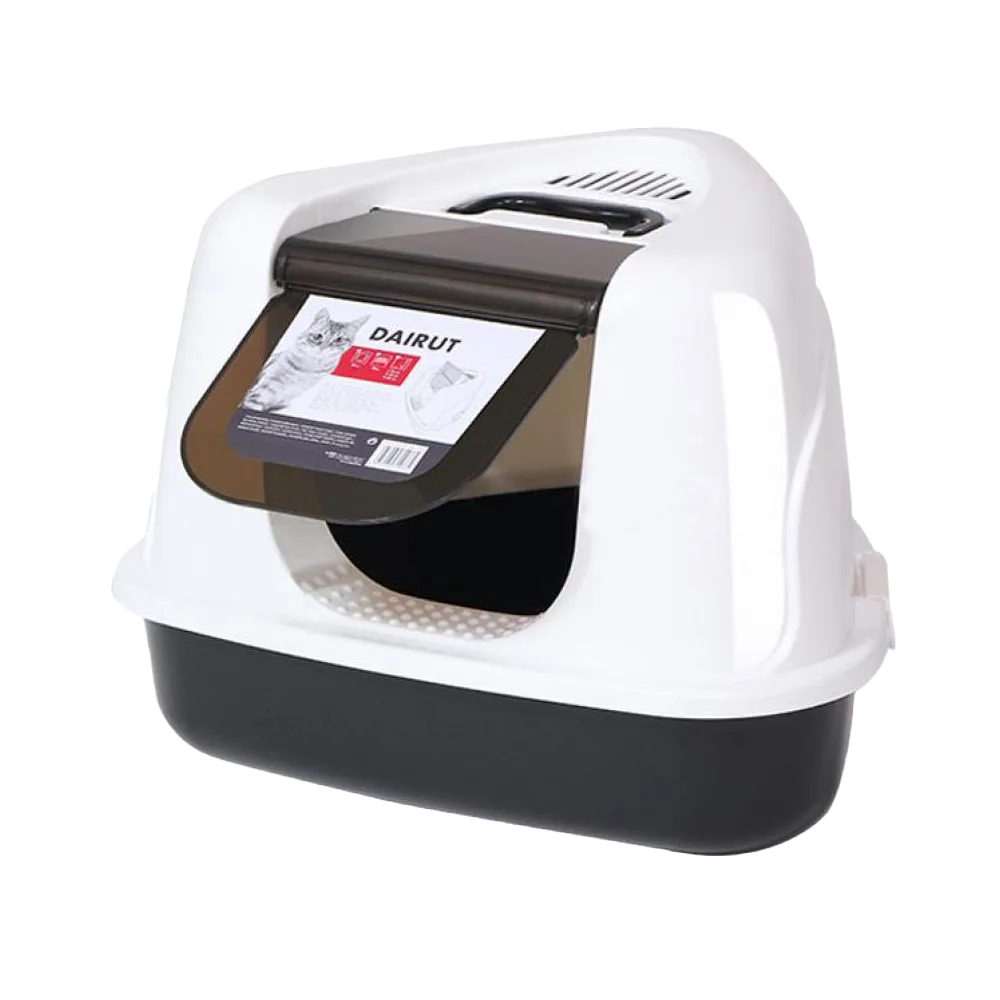 Imagen de Arenero Para Gatos Dairut, es un arenero cubierto con puerta giratoria vertical de color blanco con negro.