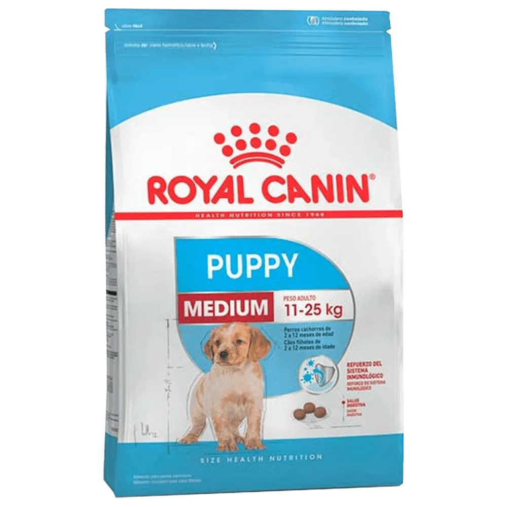 Bolsa blanca con detalles celestes y rojos de alimento para cachorros Royal Canin Medium Puppy