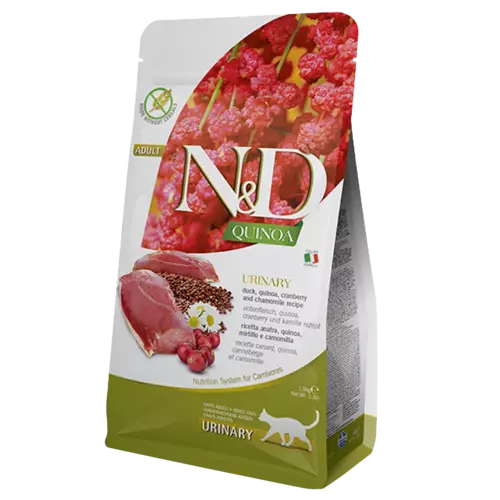 Imagen de bolsa de alimento N&D Quinoa Gato Urinary Pato y Cramberry, un alimento para gatos con problemas urinarios, tiene color blanco con detalles verdes y rosados