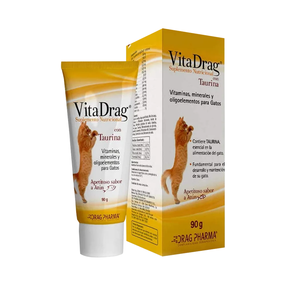 Pomo blanco con detalles amarillos y un gato naranja en la portada parado en dos patas, es el suplemento para felinos Vitadrag