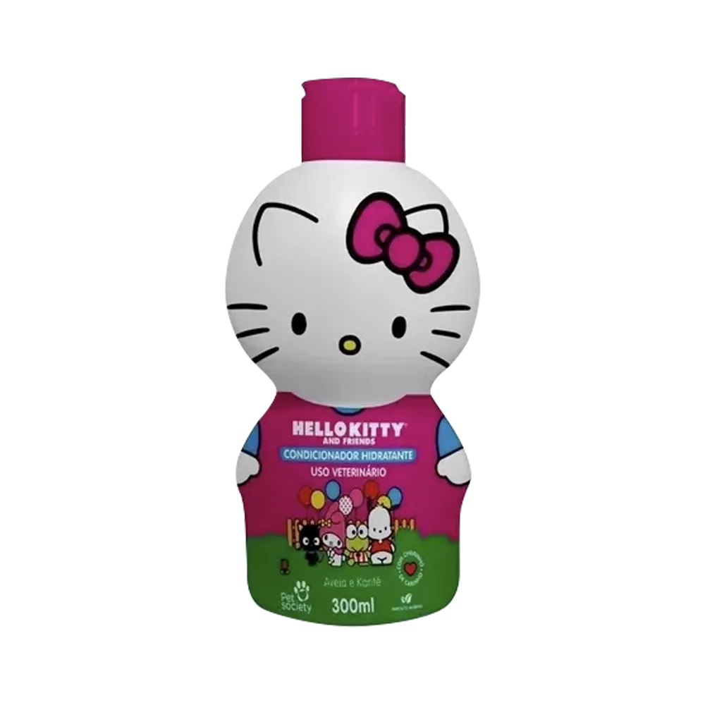 Frasco con la forma del personaje Hello Kitty, tiene un moño rosa y una tapa rosa. El cuerpo de la botella es de color verde. Es un acondicionador especial para perros y gatos a partir de las 8 semanas de vida. 