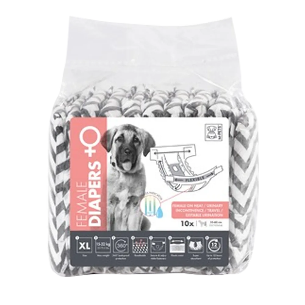 Empaque transparente de Pañal Para Hembra de la marca M-Pets en talla XL con una etiqueta color blanca con rosa y detalles grises
