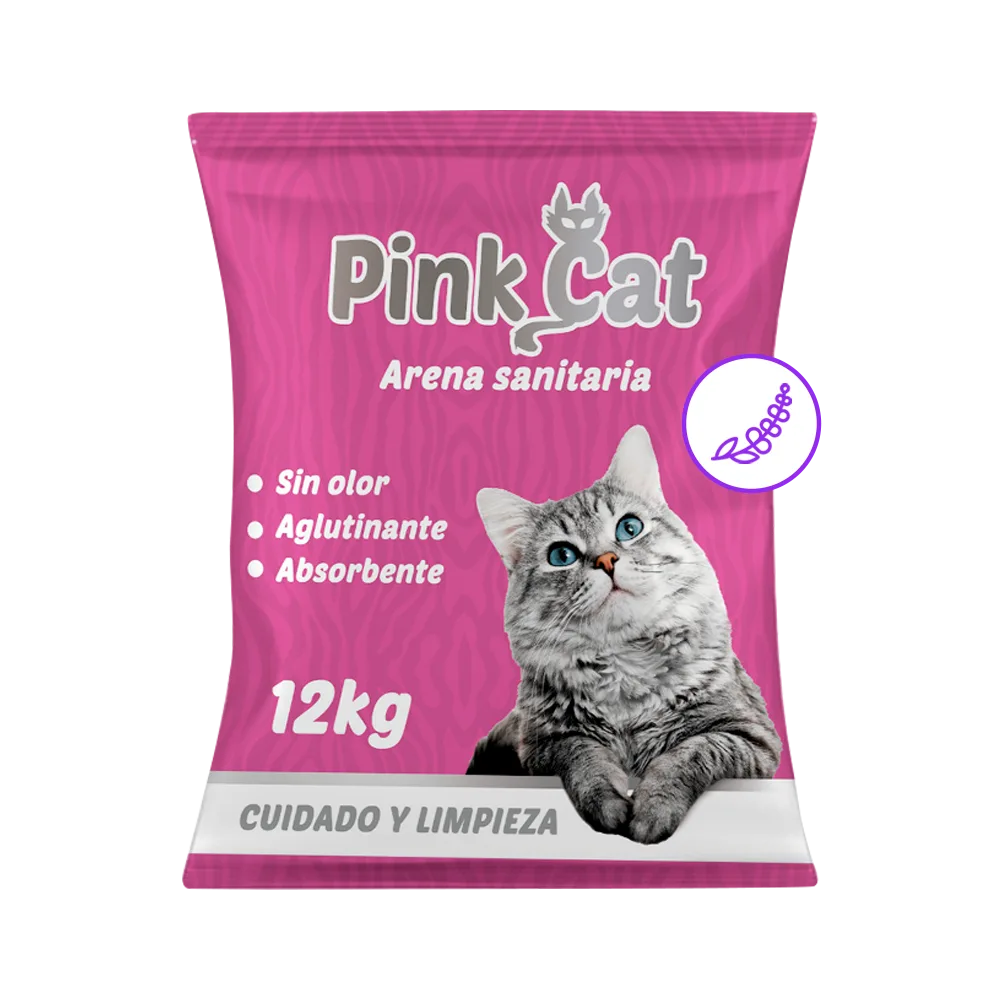 Empaque color rosa con un gato en la portada de arena sanitaria aglomerante para gatos Pink Cat en su presenación de 12 kg