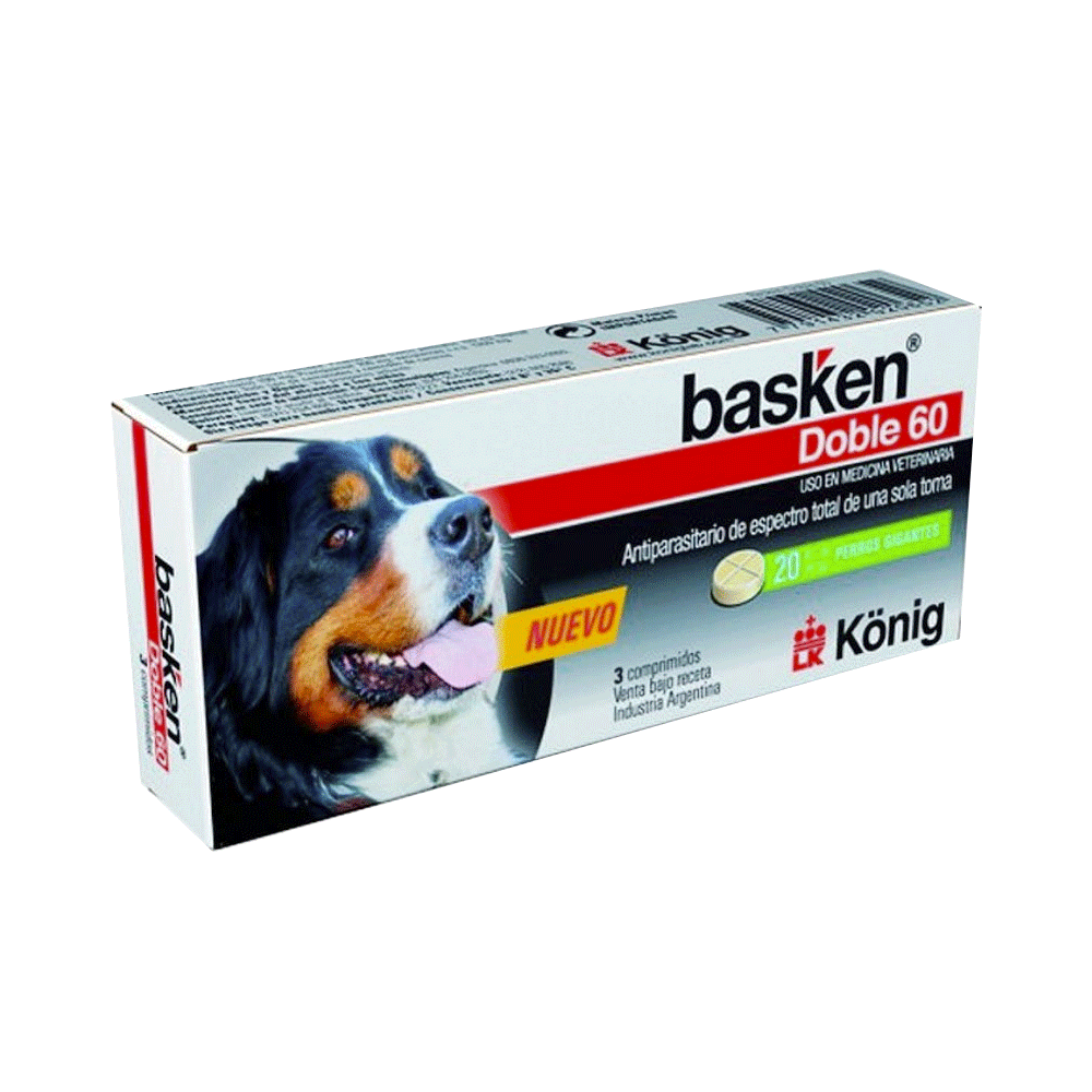 Caja blanca con detalles azules y negros de Basken Doble 60 Perros Gigantes antiparasitario interno de total espectro