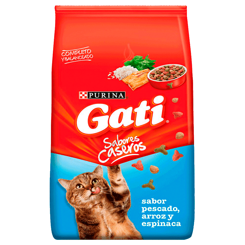 Bolsa roja con detalles celestes de alimento Gati Adulto Sabor Pescado Arroz y Espinaca