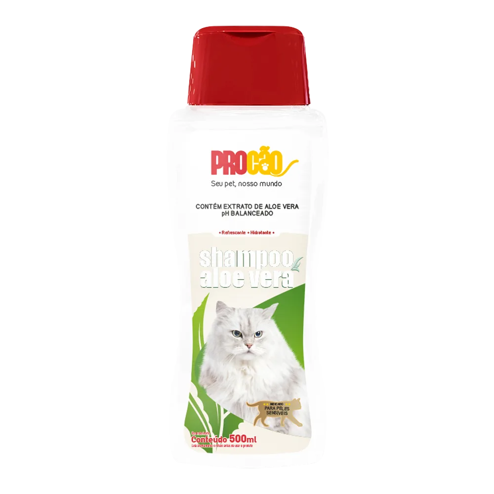 Envase blanco con tapa roja de Shampoo Aloe Vera Procao para gatos, tiene una etiqueta con detalles verdes y un gato blanco en ella.
