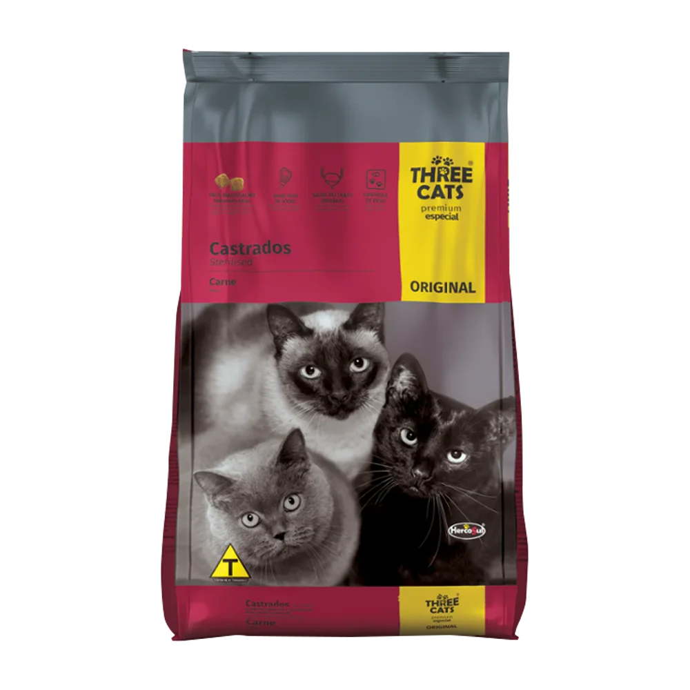 Bolsa roja con detalles grises del alimento Three Cats Castrados.