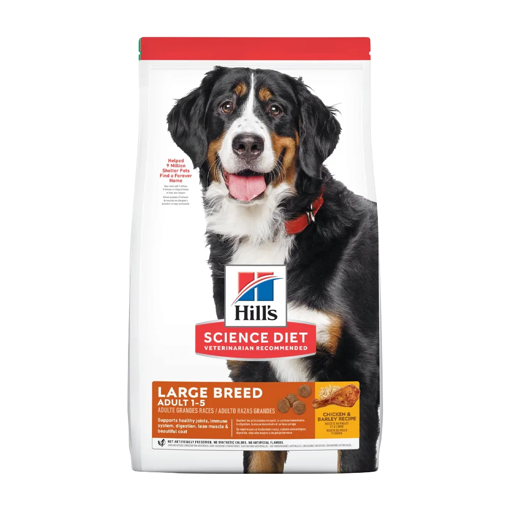 Bolsa blanca con detalles rojos y naranjas del alimento Hill's Science Diet Canine Adult Large Breeds, hay un perro de raza verduguez de la montaña en la portada