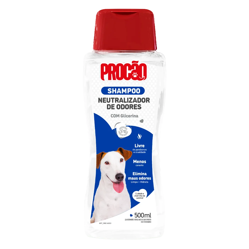 Envase color blanco de Shampoo Neutralizador de Olores para perros, la etiqueta tiene un Bullterrier blanco y su presentación es de 500 mL