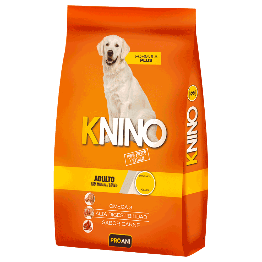 Bolsa naranja con detalles amarillos de alimento para perro Knino Adulto Raza Mediana y grande de la marca boliviana Pro Ani