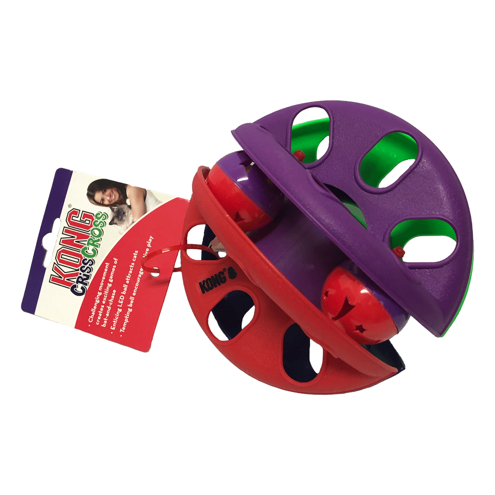 Juguete Criss Cross Kong para gatos color morado y rojo con pelotas interiores