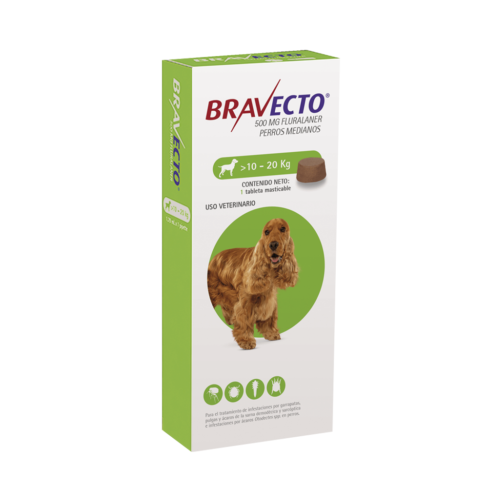 Imagen de caja blanca de antiparasitario Bravecto Perros de 10 a 20kg con acción inmediata y control por 12 semanas