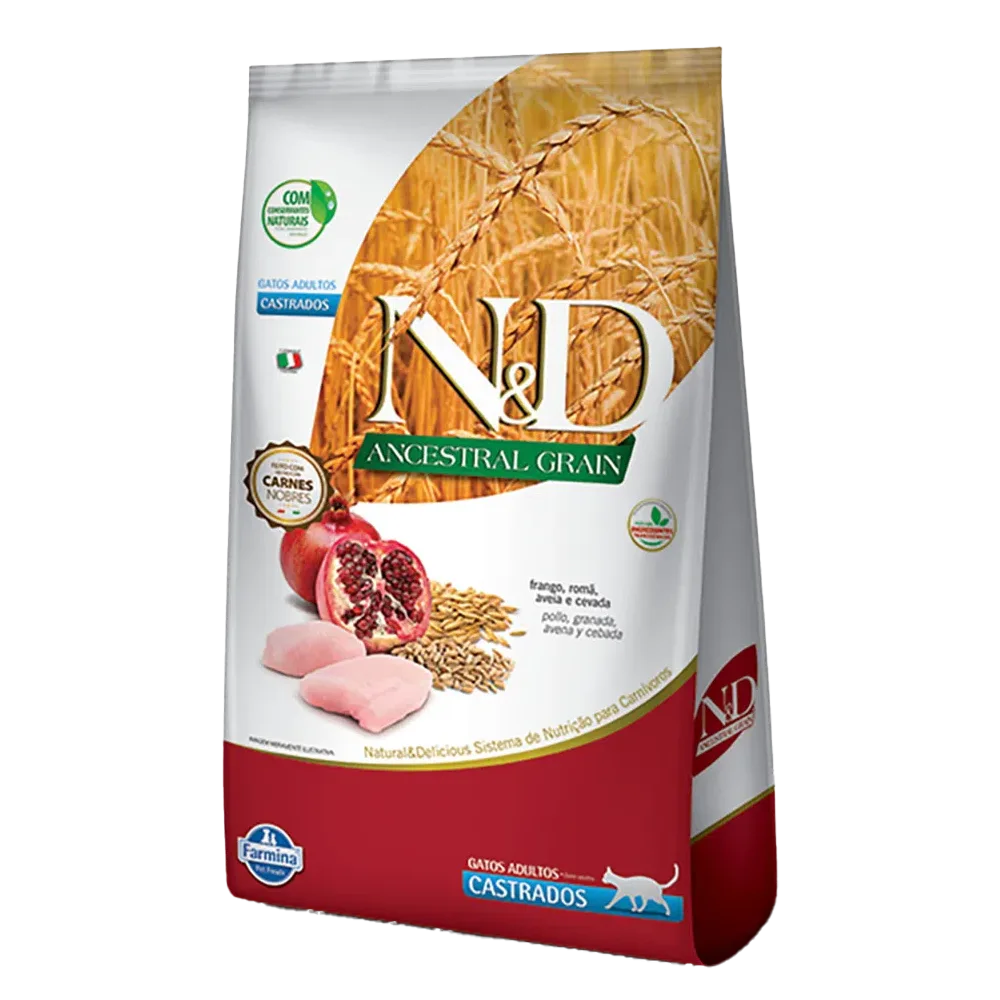 Bolsa blanca y roja con detalles naranjas de alimento Farmina N&D Ancestral Grain Gatos Castrados Pollo y Granada.