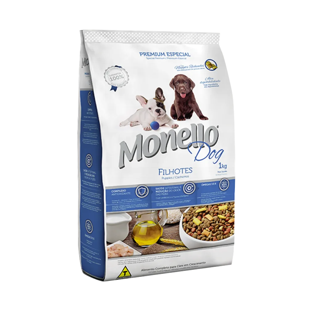 Bolsa de Monello Perro Cachorro en su presentación de 15 kg. Es de color blanco con detalles azules y tiene la fotografía de dos perros cachorros encima del logo.