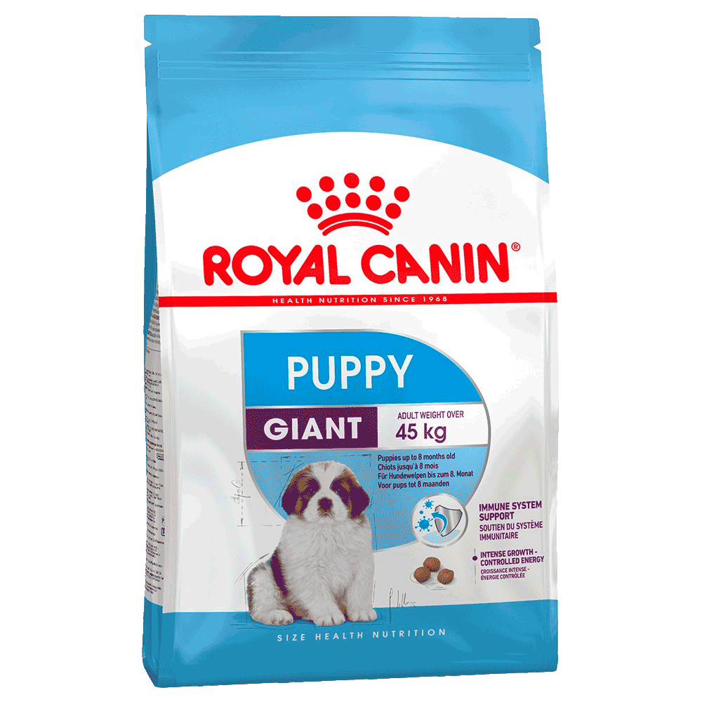 Bolsa blanca y celeste de alimento para perros Royal Canin Giant Puppy para cachorros de razas gigantes