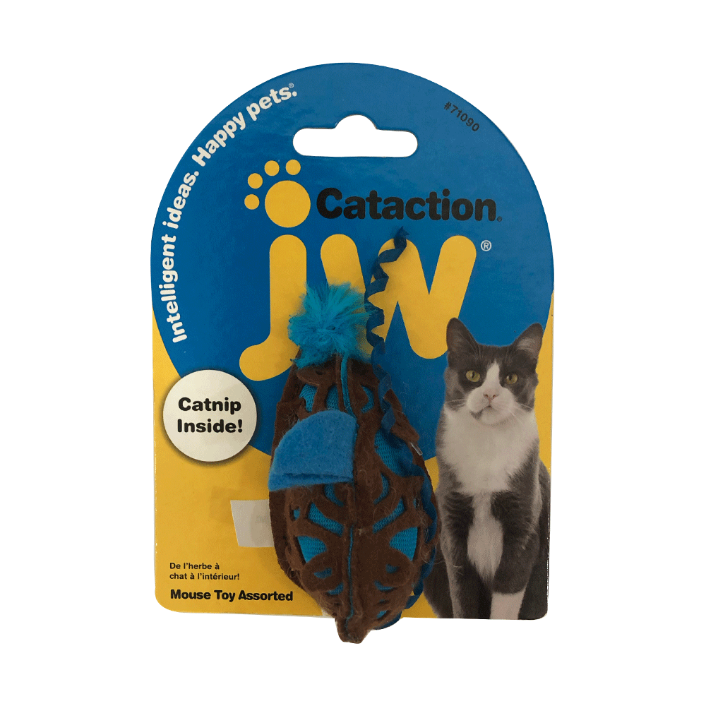 Empaque amarillo con azul de Raton con Catip JW para gatos color azul con marrón