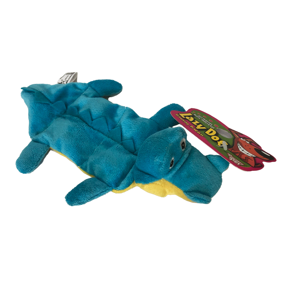 Imagen de producto Peluche cocodrilo azul para perros de color azul con detalles amarillos visto desde arriba