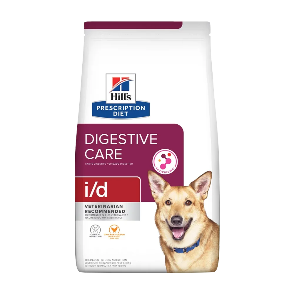 Bolsa blanca de alimento Hill's PD i/d Digestive Care para perros de talla mediana y grande con problemas digestivos, la bolsa de fondo blanco tiene colores borgoña oscuro y rojo, y una franja borgoña en la parte superior, tiene un perro de raza grande color beige en la esquina derecha inferior