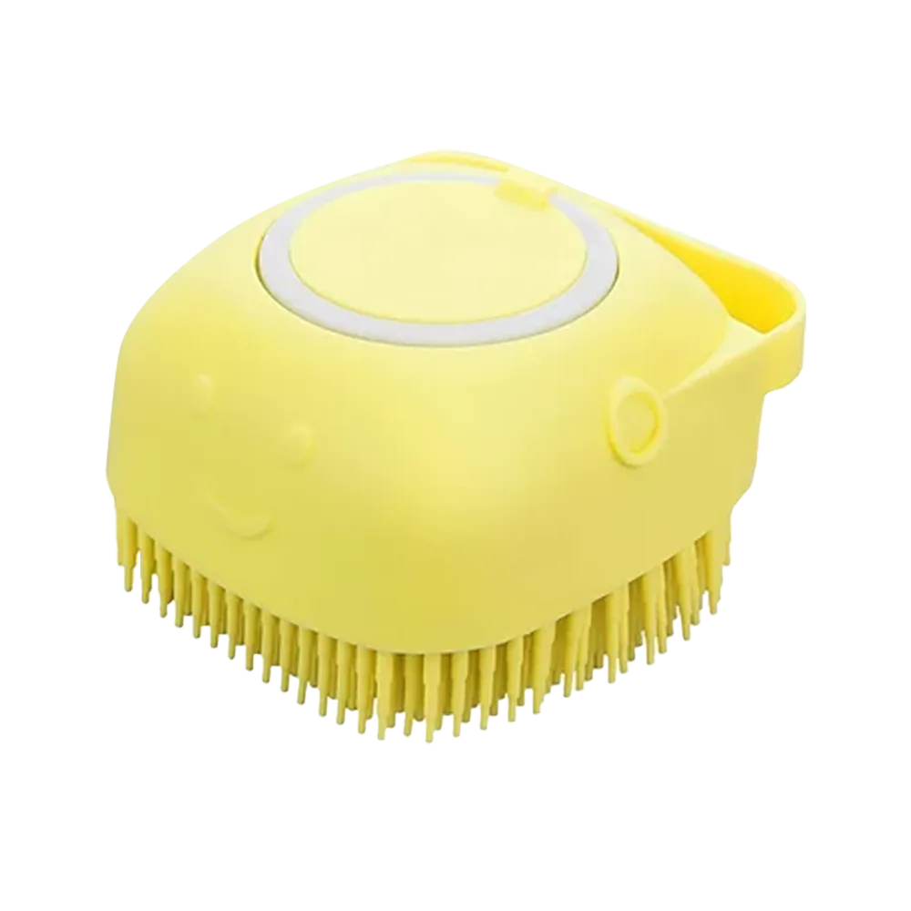 Cepillo Para Baño de mascotas, es amarillo hecho de silicona y tiene una forma cuadrada