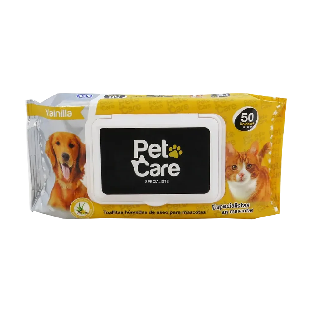 Empaque color amarillo de toallitas húmedas Pet Care para perros y gatos en aroma vainilla