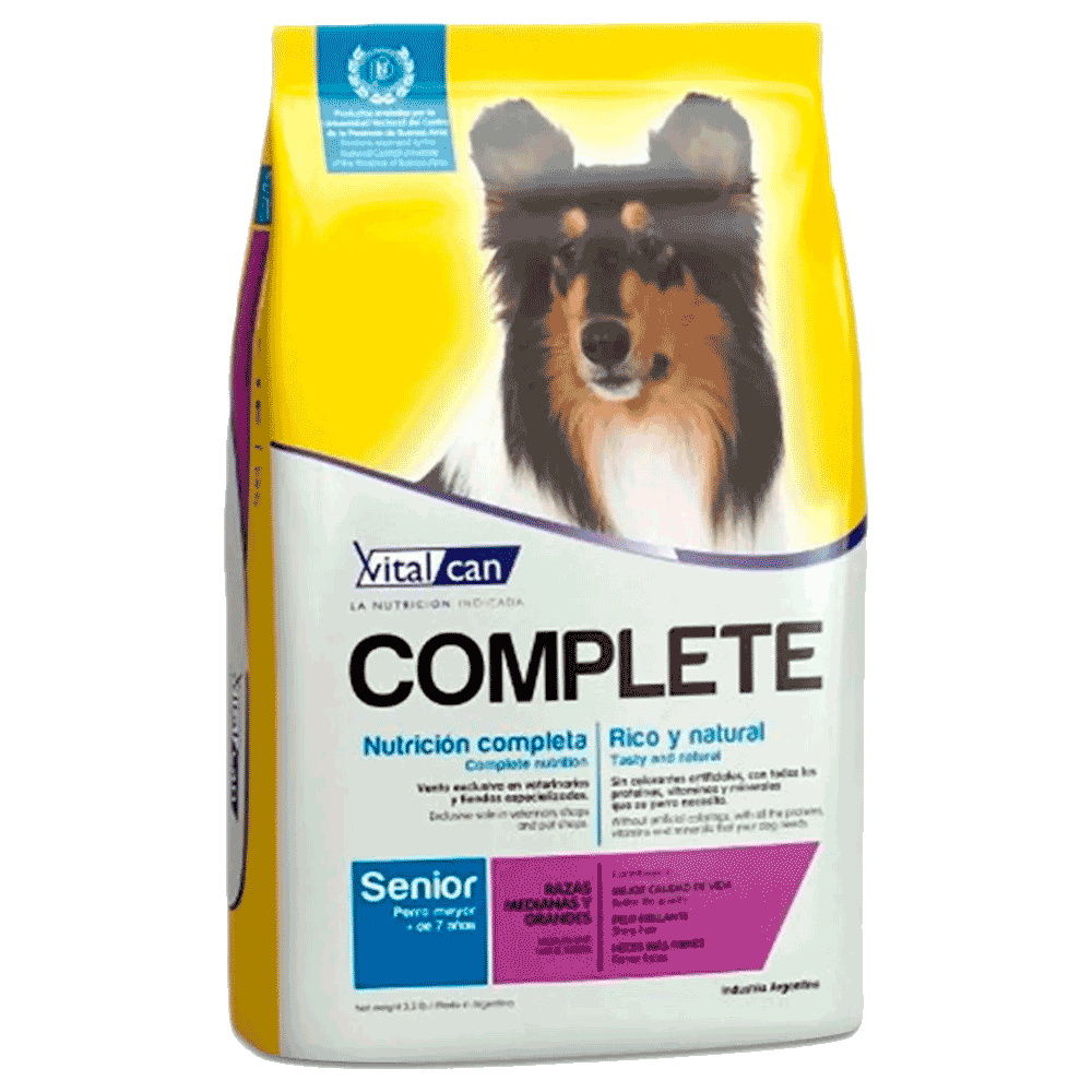 Bolsa blanca y amarilla de alimento Vital Can Complete Perro Senior Raza Mediana y Grande