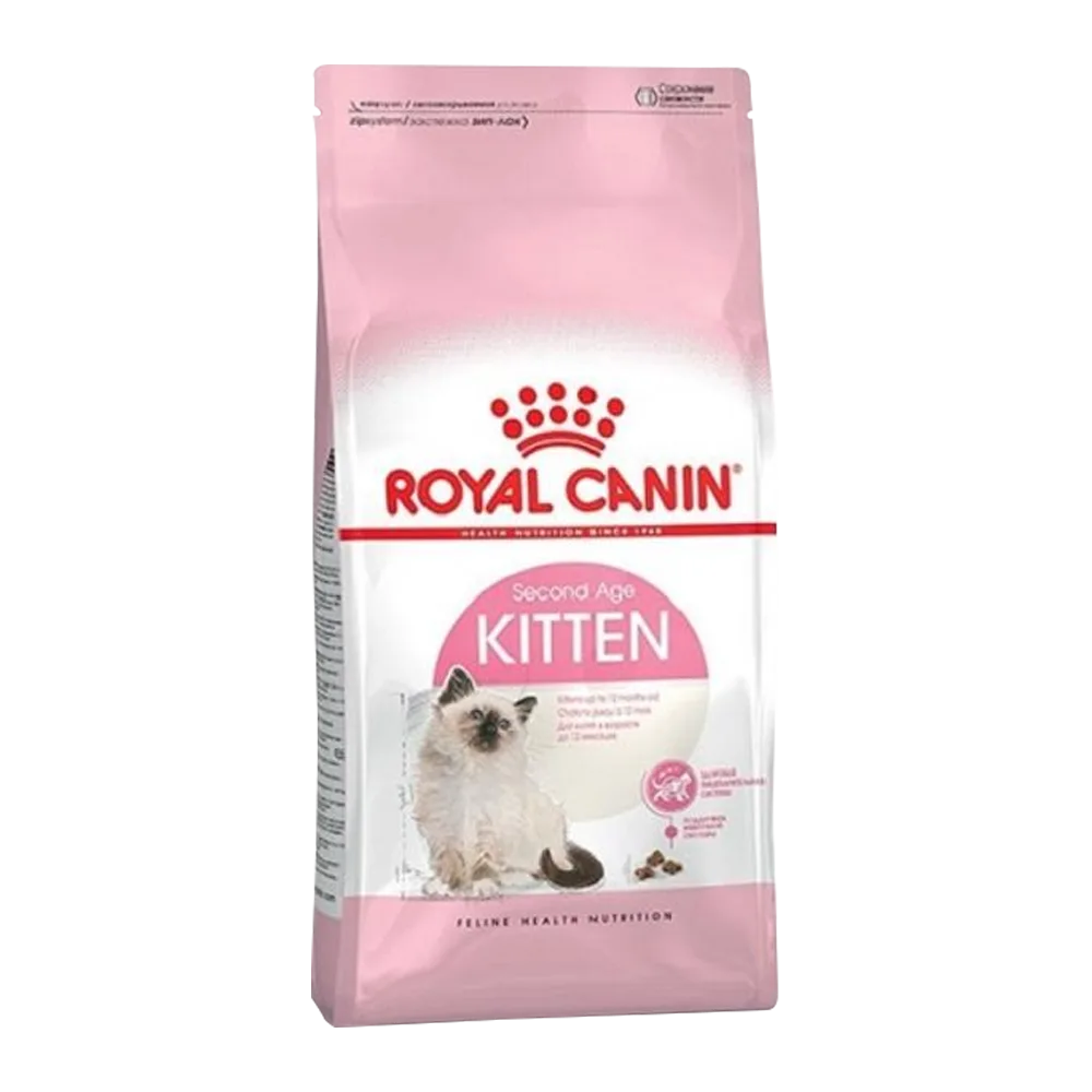 Bolsa de alimento Royal Canin Kitten color blanco con rosado pastel y un gato bebé en la portada para gatitos cachorros