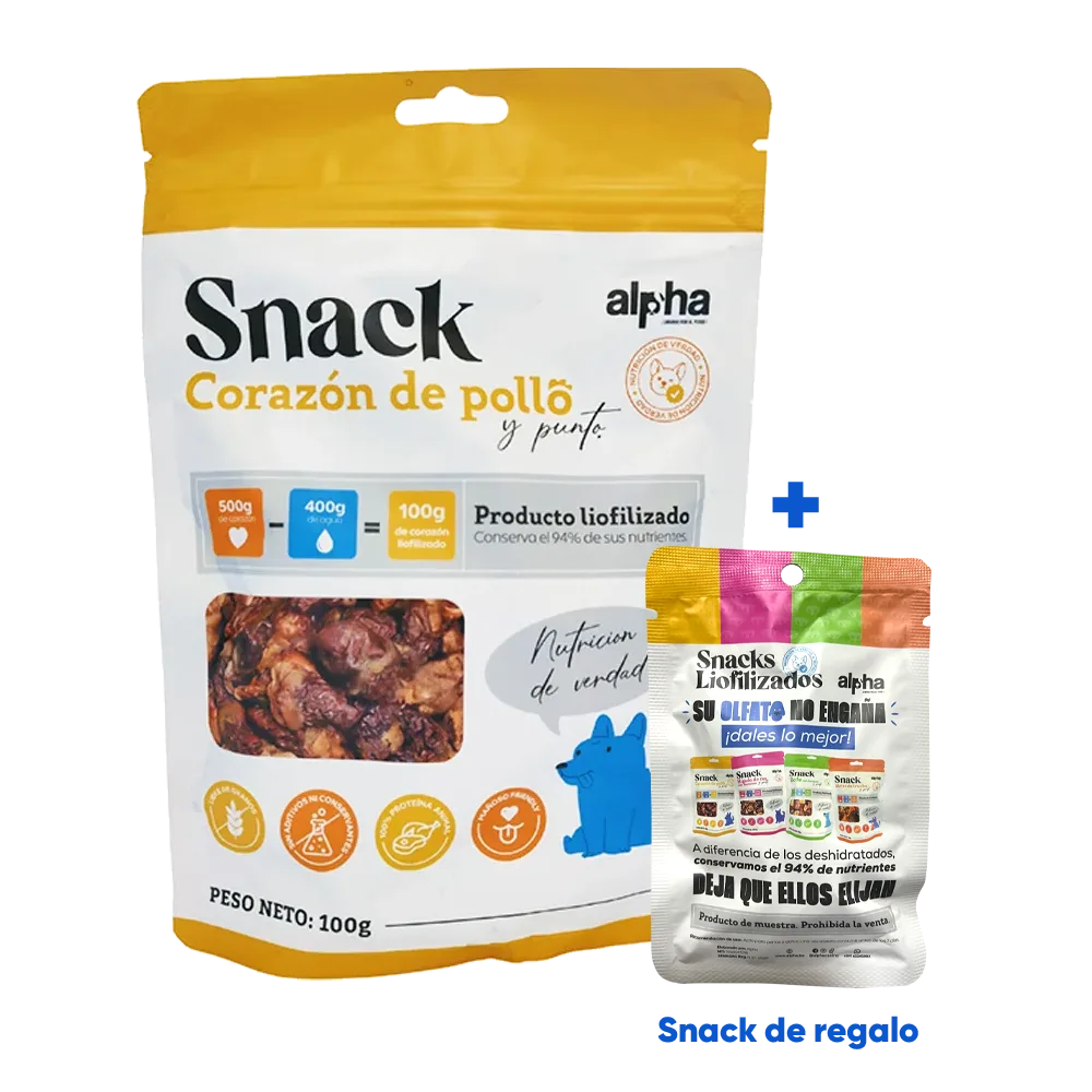 Plato redondo con trozos de corazón de pollo liofilizados.