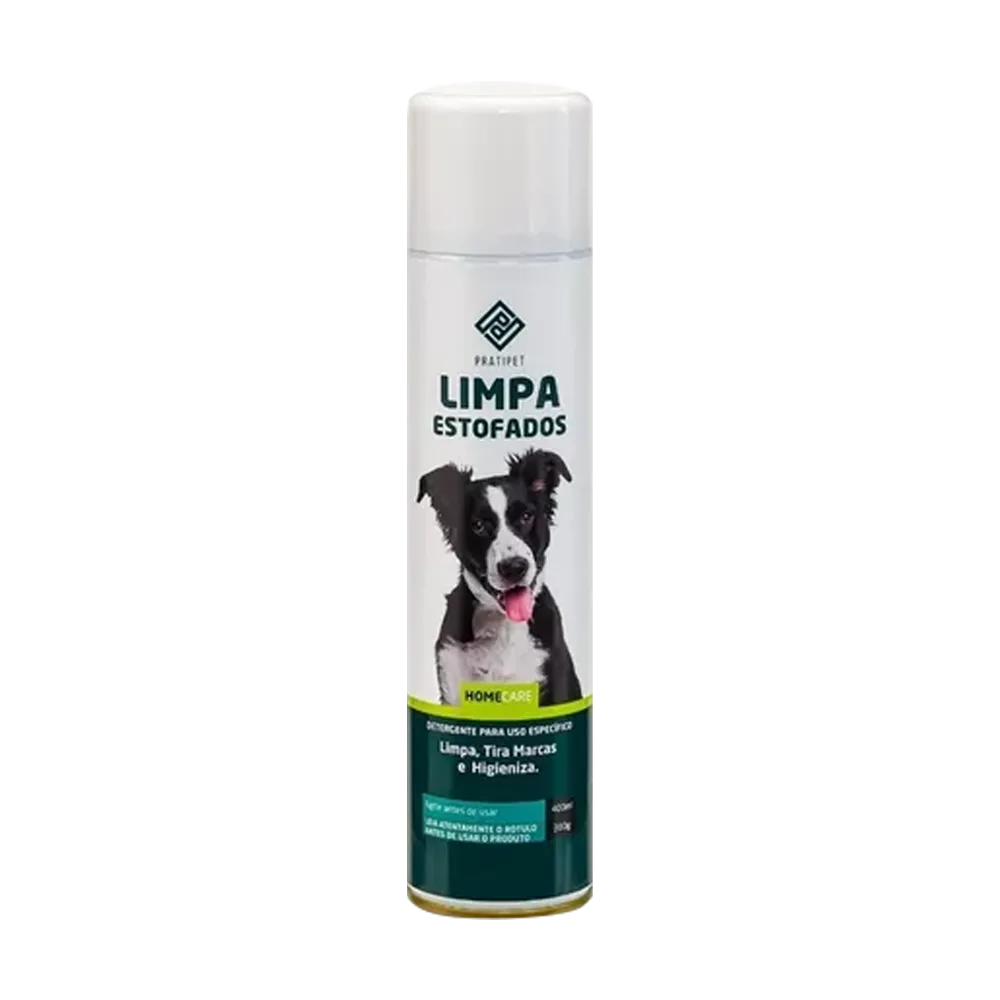 Spray Limpia Tapizados de la marca Trapipet, es un tubo blanco de spray que tiene detalles verdes oscuro y un perro blanco con negro en la parte central