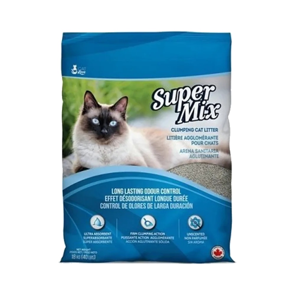 Bolsa azul con detalles celestes y verdes de Super Mix Arena Sanitaria para gatos en su presentación de 18,1 kg 
