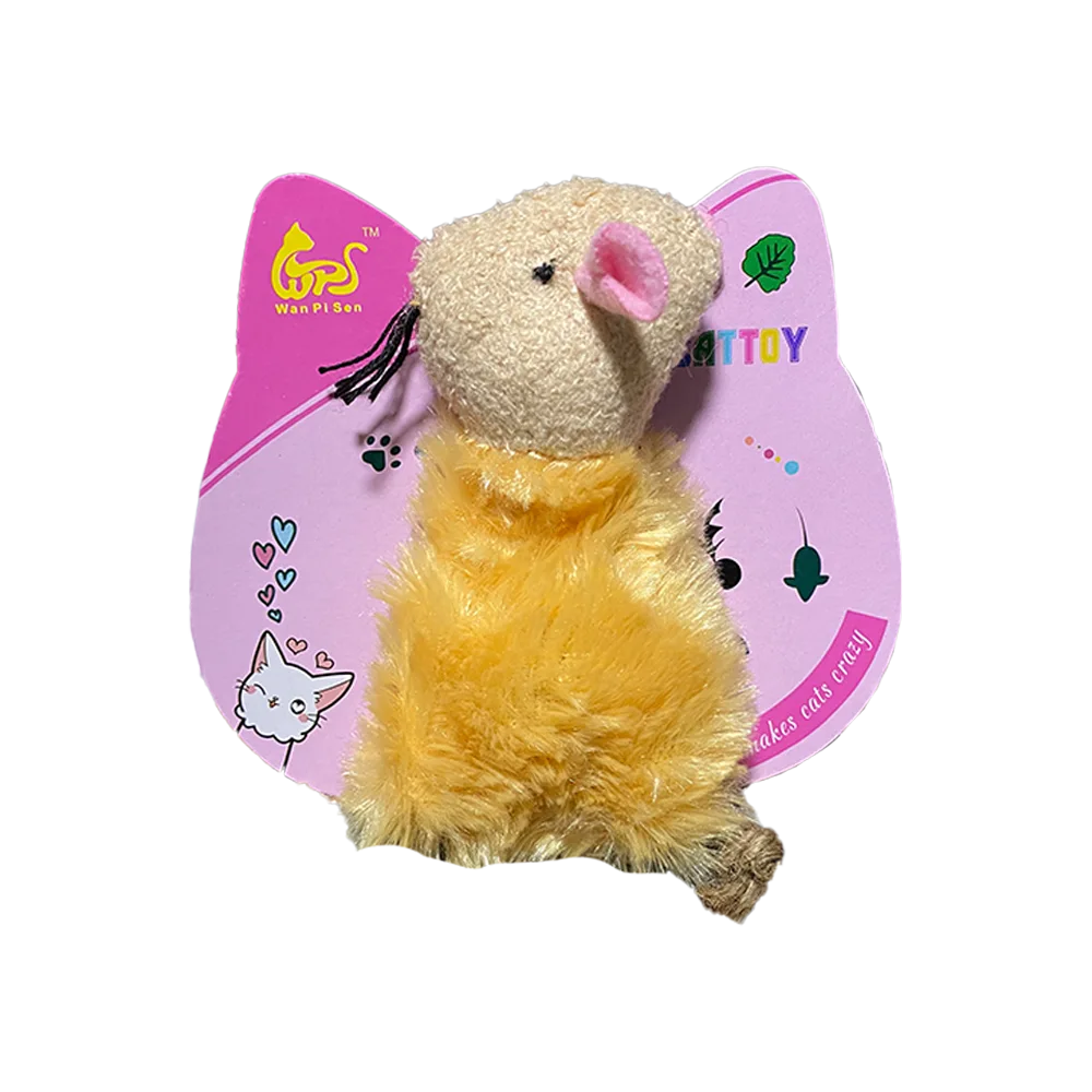 Ratón con Catnip de felpa plano, con cuerpo peludo y cabeza color amarillo y una cola de sola sisal.