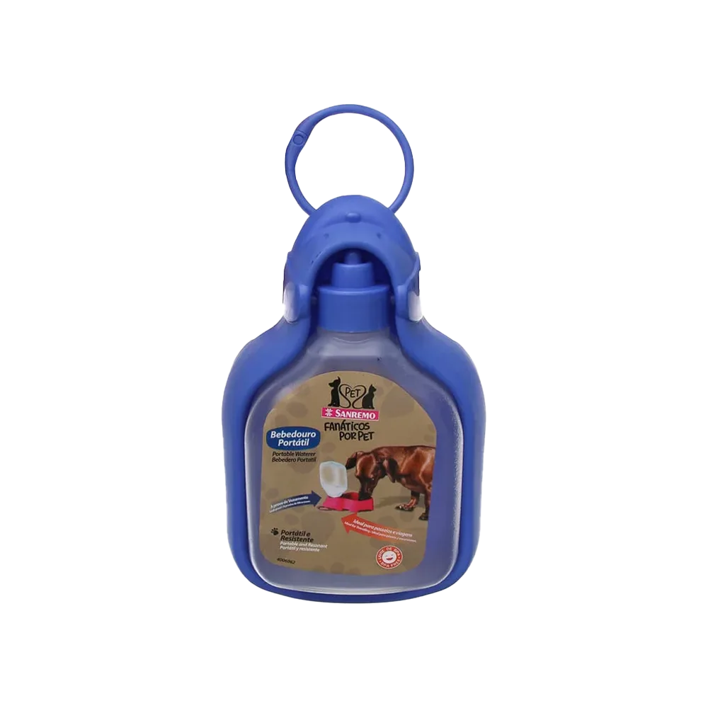 Bebedero Portátil San Remo en color azul. Es un bebedero plegable de plástico y tiene una argolla en la parte superior para poder llevaro colgado