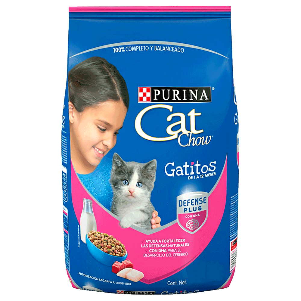 Bolsa azul con detalles rosados de Cat Chow Gatitos