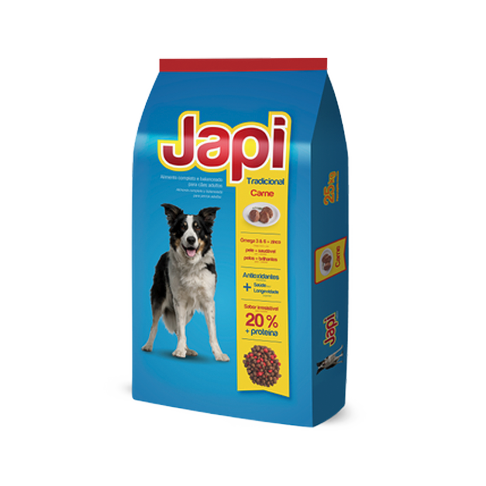Bolsa celeste con detalles rojos y amarillos de Japi Tradicional Carne alimento para perros adultos con sabor a carne