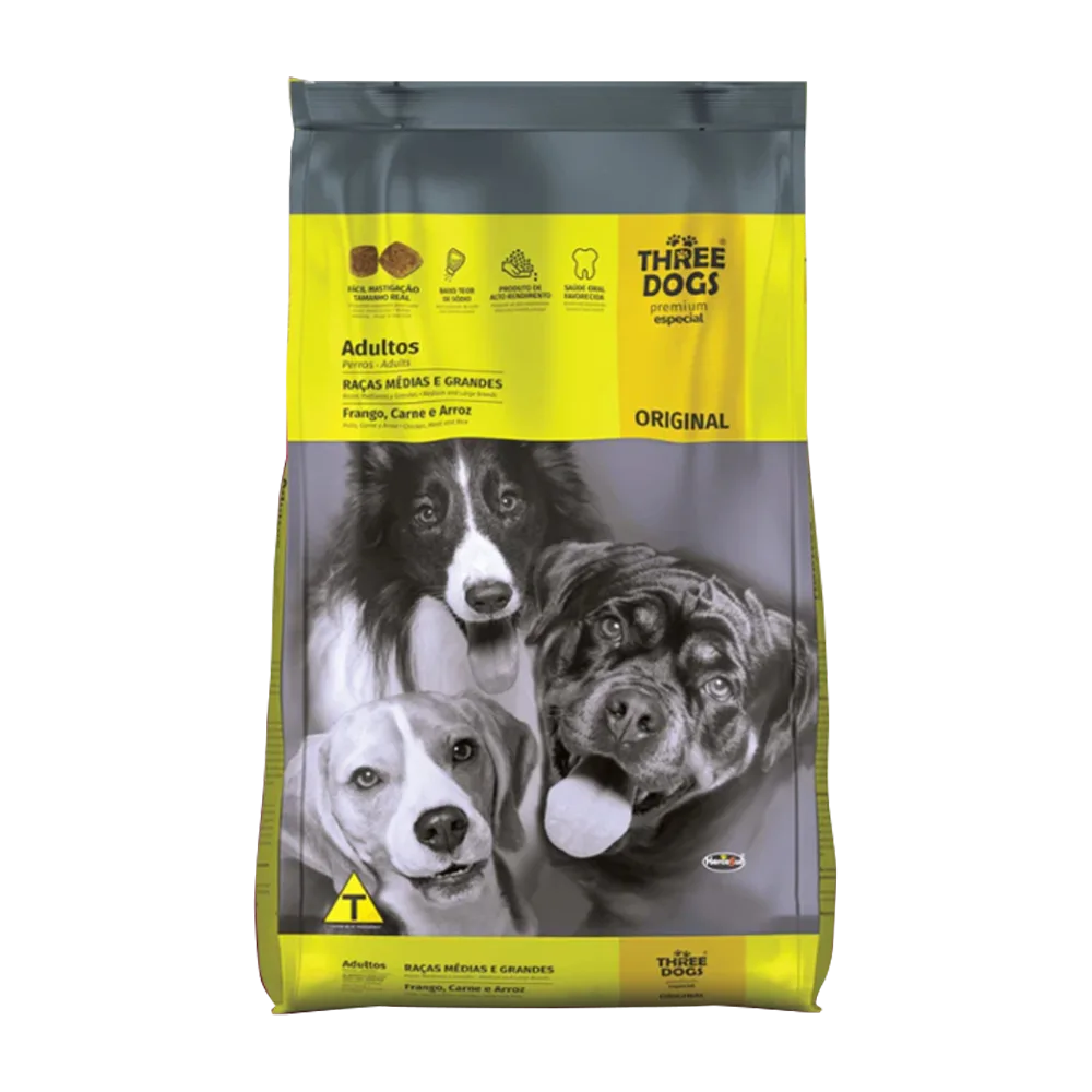 Bolsa gris con detalles amarillos del alimento para perros Three Dogs Adulto Raza Mediana y Grande