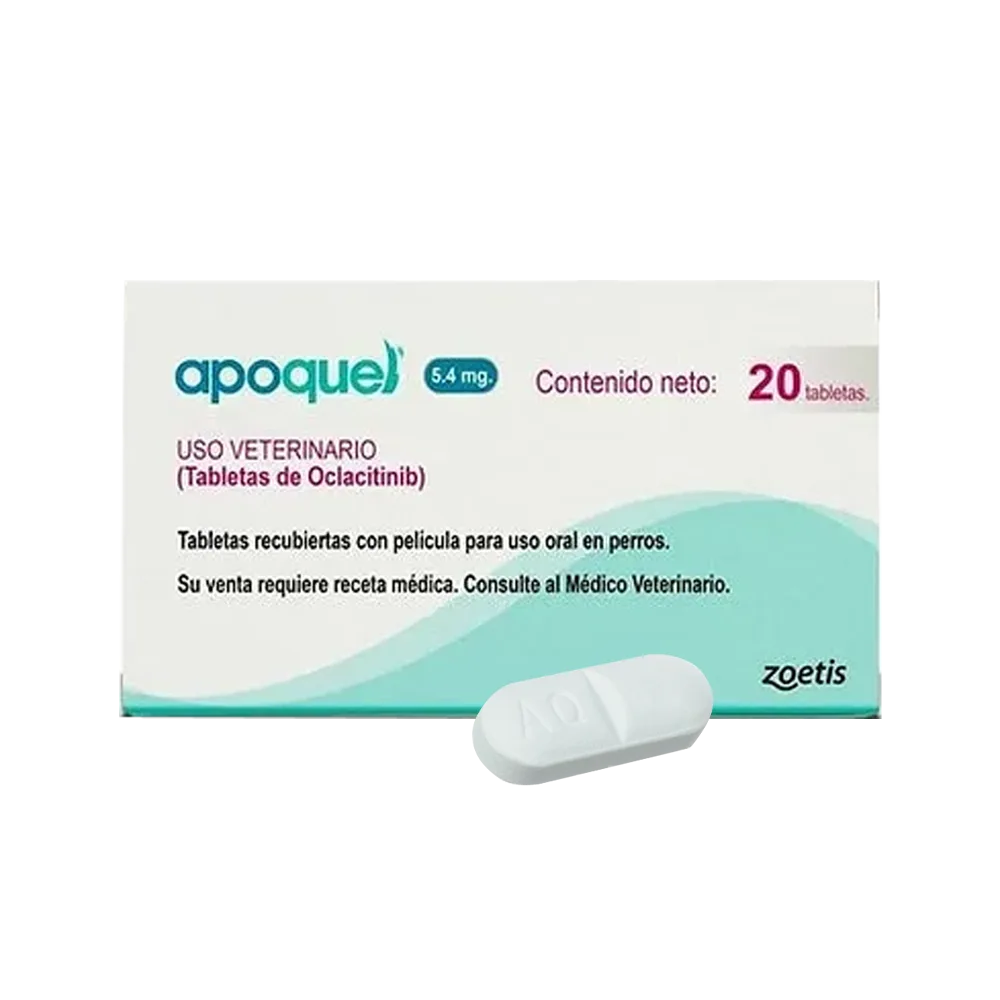 Caja color blanco con detalles verde agua de Apoquel 20 Comprimidos, esta presentación es de 5,4 mg, es un tratamiento oral para las alergias en perros