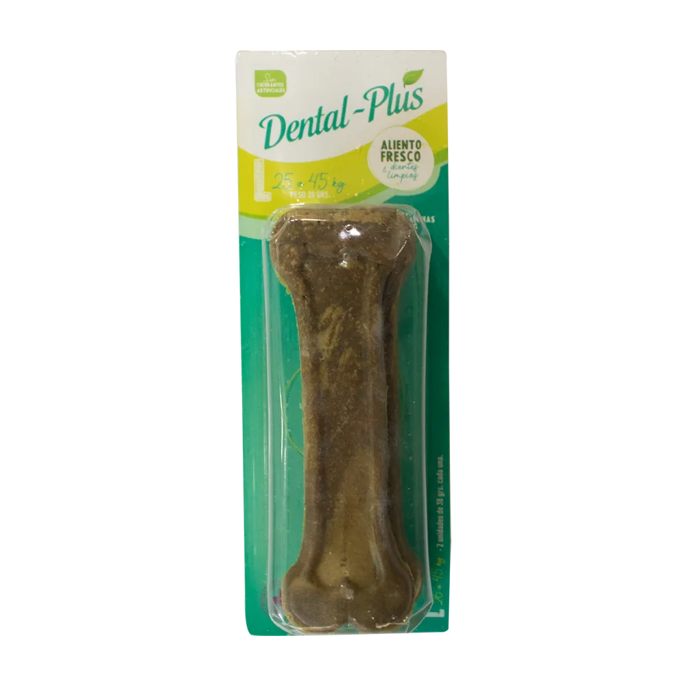 Paquete color verde con detalles amarillos y blancos de Dental Plus Blister en talla L conteniendo 2 unidades de snack para controlar el mal aliento en perros