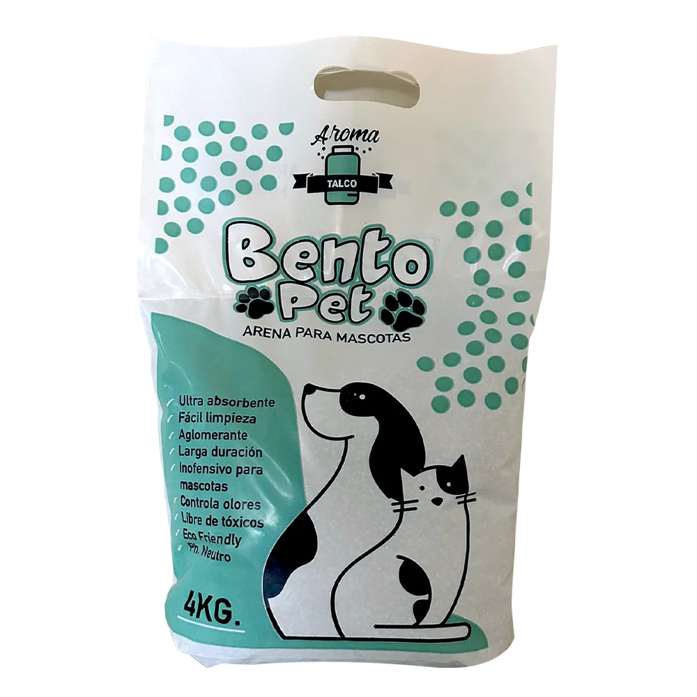 Bolsa blanca con detalles celestes de Bento Pet Arena Sanitaria Talco de Bebé. Una arena de bentonita aglomerante para gatos, en su presentación de 4 kg 
