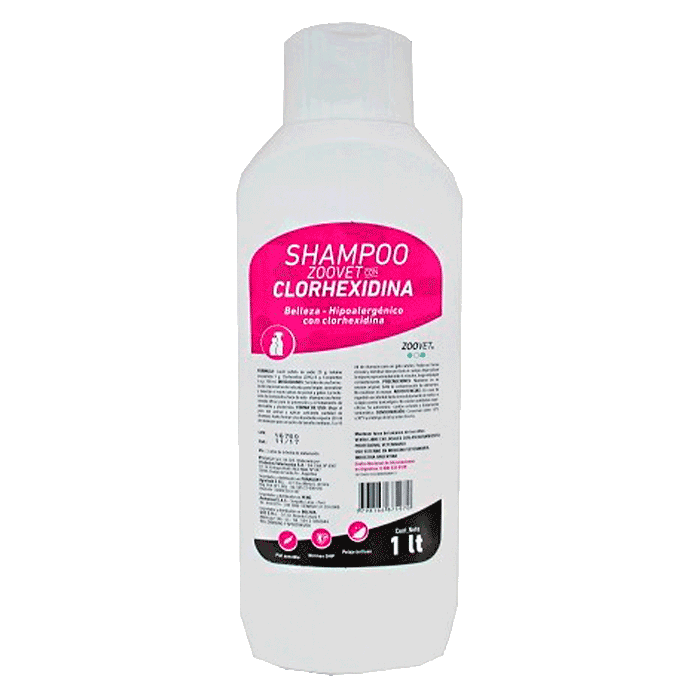 Botella blanca con detalles fucsia y negro de Zoovet Shampoo con Clorhexidina para perros y gatos 