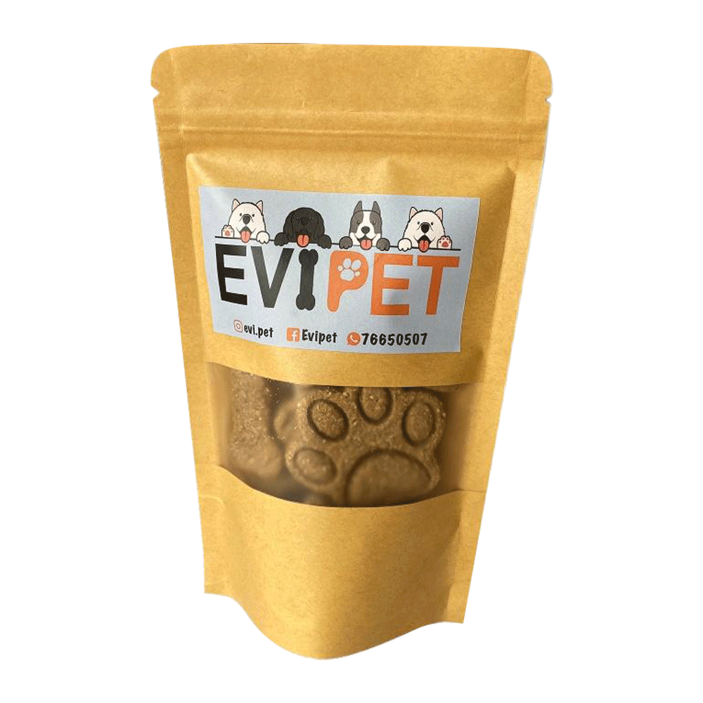 Bolsa color marrón con detalles celestes de Evipet Galletas Saludables Para Mascotas 