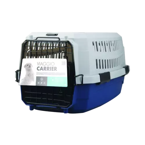 Transportín para mascotas Viaggio Carrier en colores azul y gris, con puerta metálica y cierre de seguridad, adecuado para viajes.