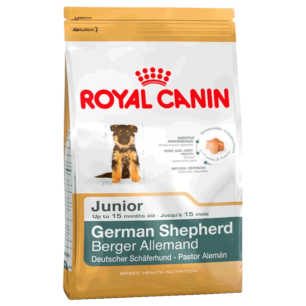 Bolsa blanca y dorada con detalles verdes de alimento Royal Canin Pastor Alemán Junior para cachorros de pastor alemán