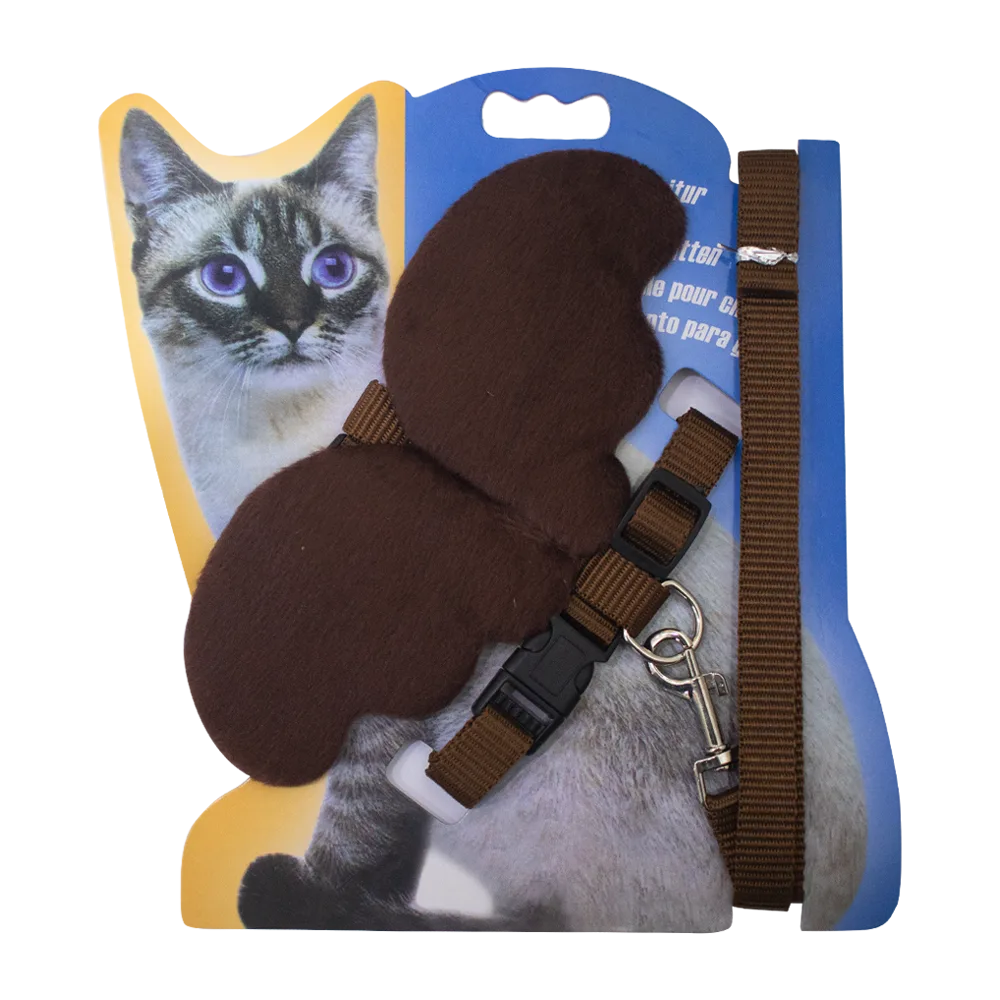 Empaque azul con detalles amarillos y un gato siamés portando el Arnés con Alas Para Gatos Medianos color marrón