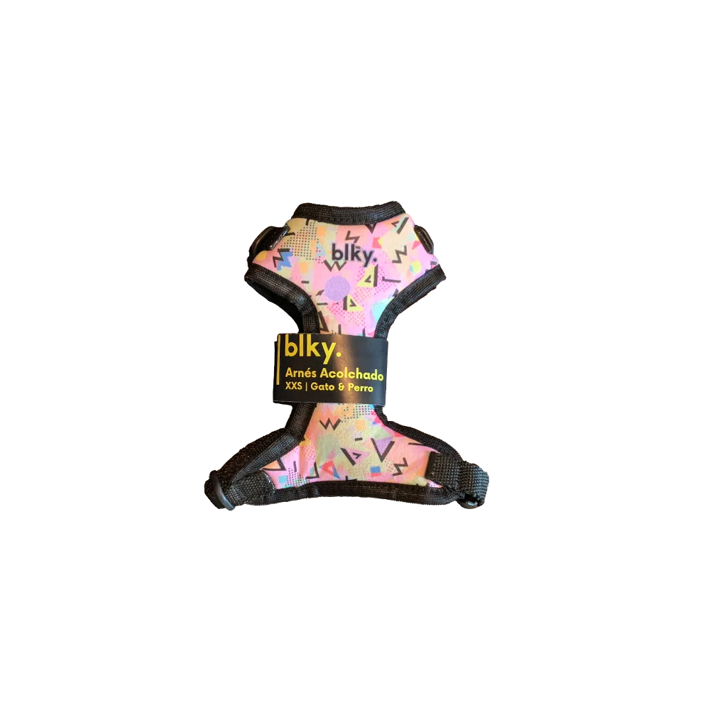 Pechera Arnés Blky Talla XXS con estampado Rockola para perros y gatos. El estampado es de fondo claro con motivos estilo Memphis