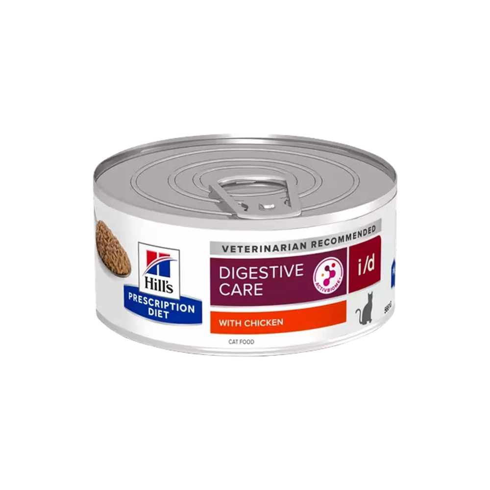 Lata blanca de paté con detalles color borgoña oscuro y rojo, es el producto Hill's Prescription Diet Feline i/d para el cuidado digestivo de gatos